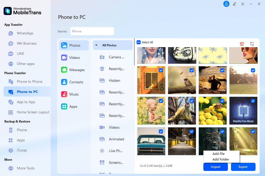 choose files to transfer to phone