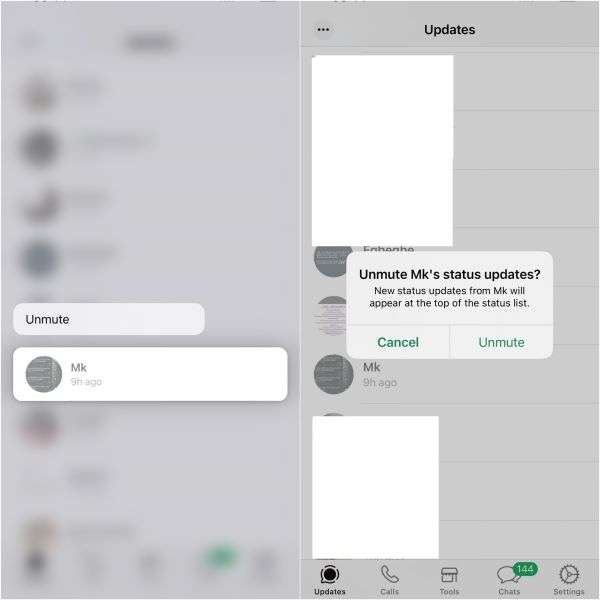 unmute someone’s status on whatsapp