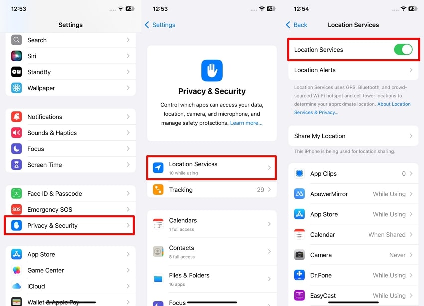 toggle location services from iphone