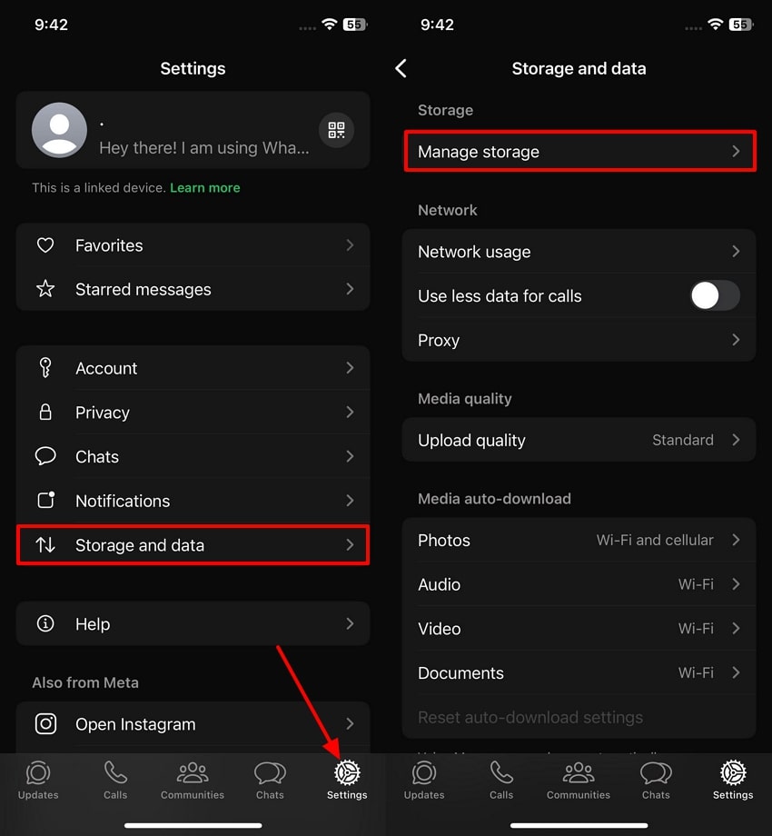 manage whatsapp storage and data
