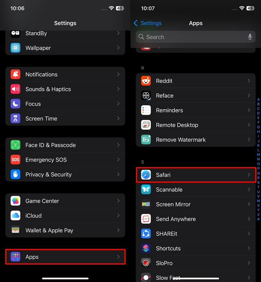 access safari from apps settings
