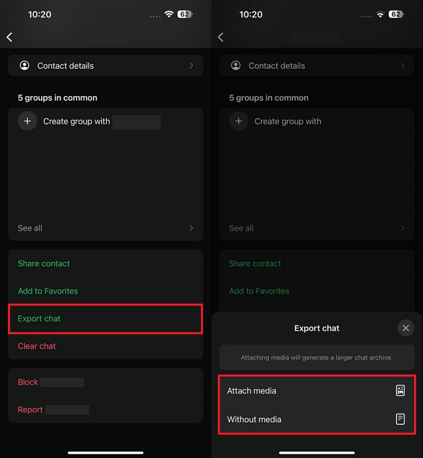 with without media export chat