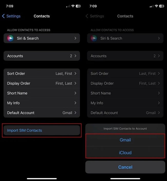 import sim contacts to desired account