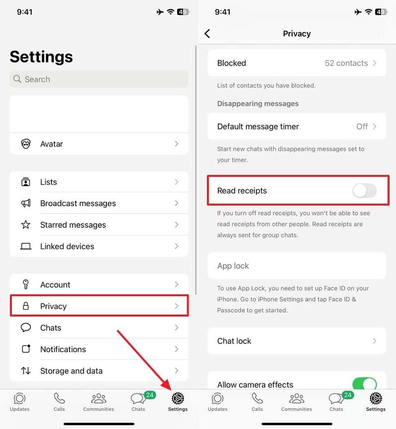 disable read receipts from privacy settings