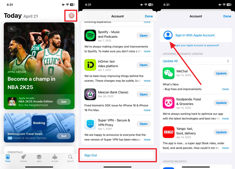 sign in and out app store